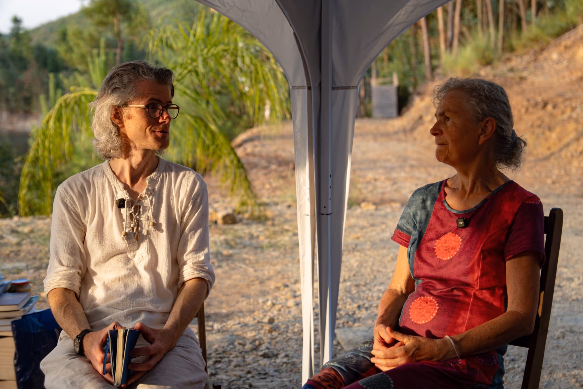 An interview  with two people talking. beautiful lighting