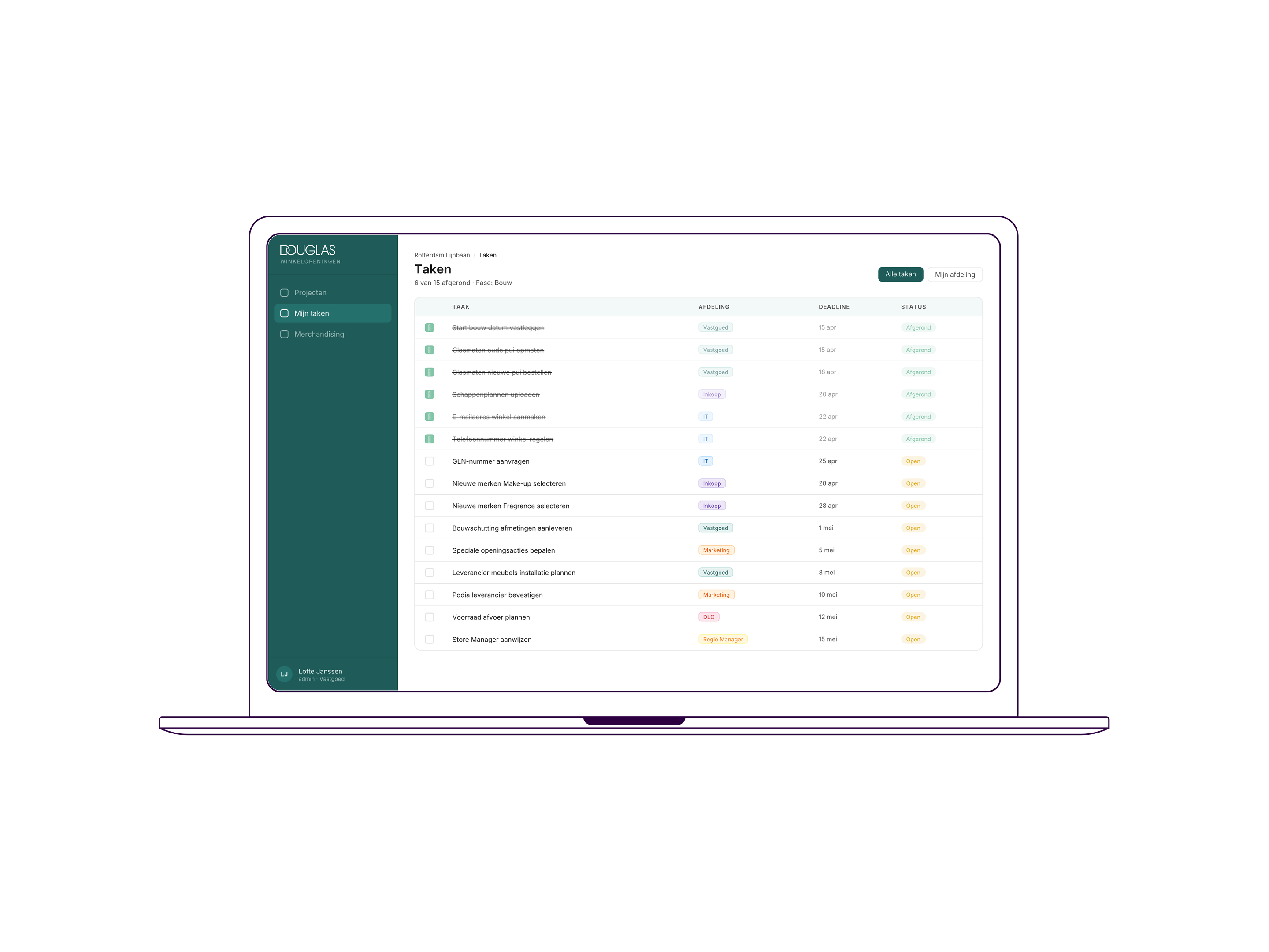 Douglas Winkelopening - Takenlijst per afdeling met deadlines en voortgang