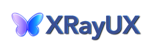 XRayUX Butterfly logo. The butterfly's left wing is crystal purple and the right wing is a crystal blue. It says XRayUX on the right of the butterfly.