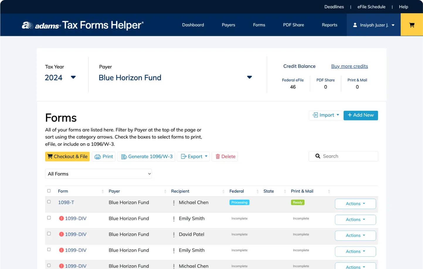 Adams Tax Forms Helper screen