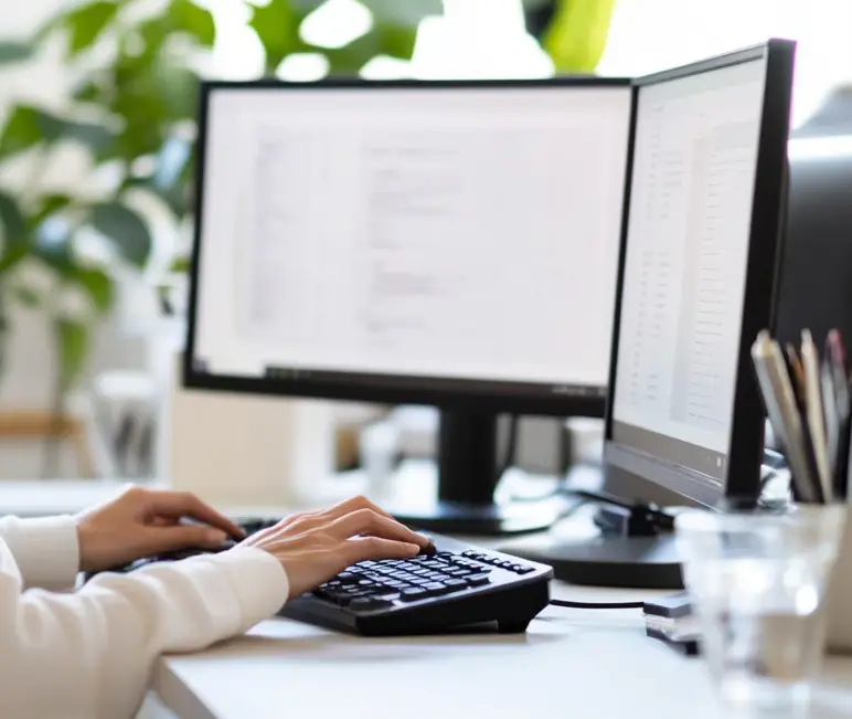 Two computer screens and hands typing on a keyboard