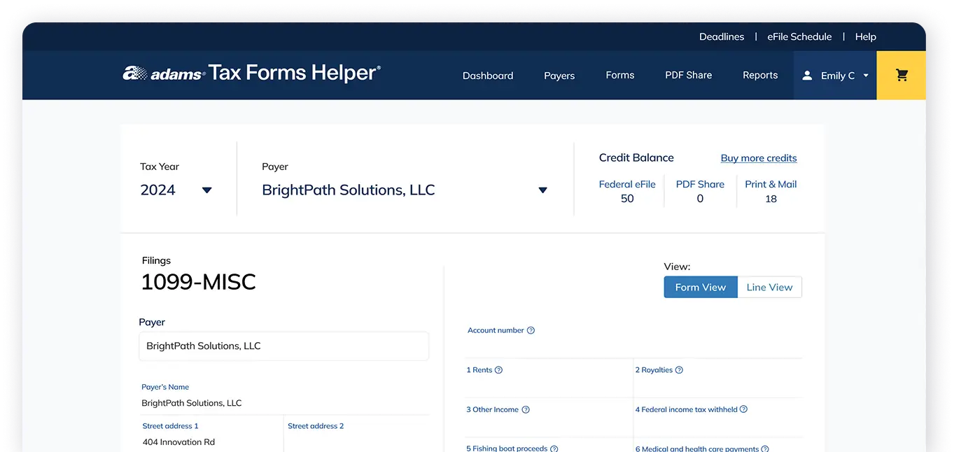 Adams Tax Forms screen