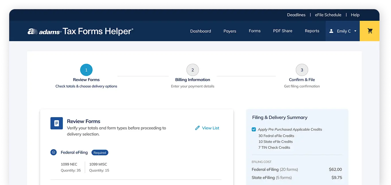 Adams Tax Forms screen