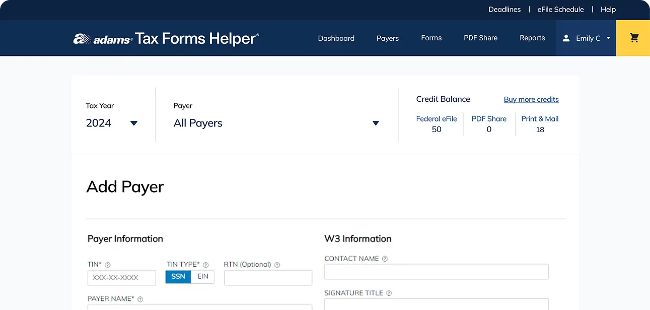 Adams Tax Forms Helper screen
