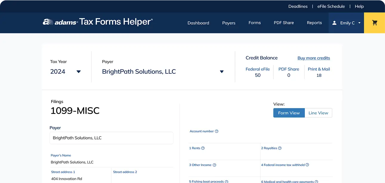 Adams Tax Forms Helper screen