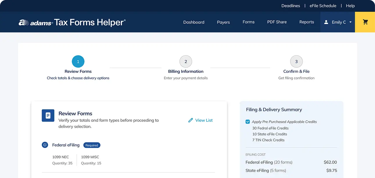Adams Tax Forms Helper screen