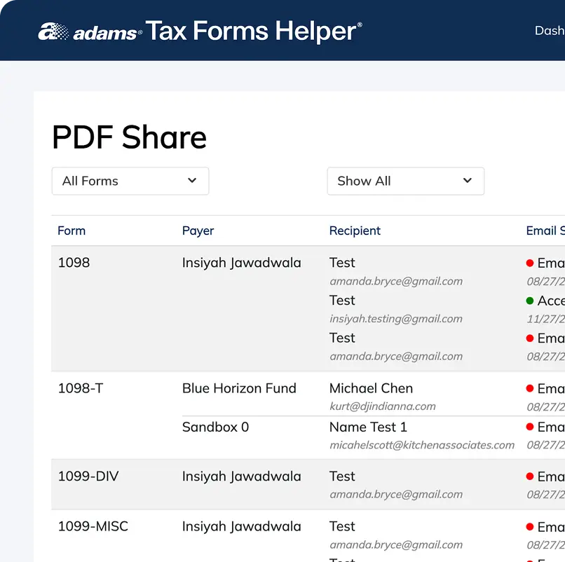 Screenshot of Adams Tax Forms Helper screen