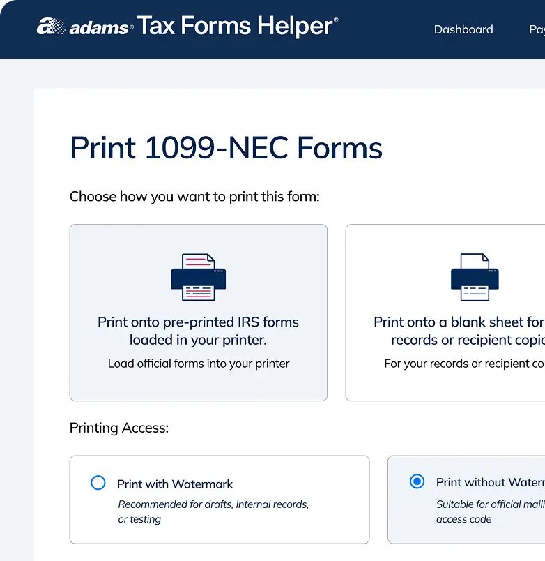 Screenshot of Adams Tax Forms Helper screen