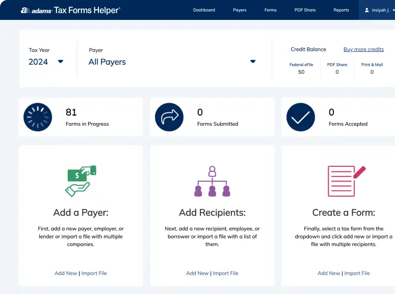 Screenshot of Adams Tax Forms Helper screen