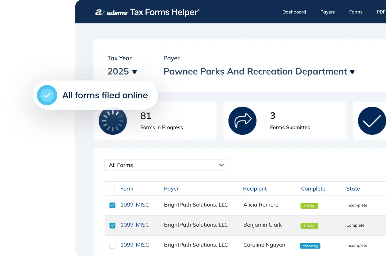 Adams Tax Forms Helper Form Share screen