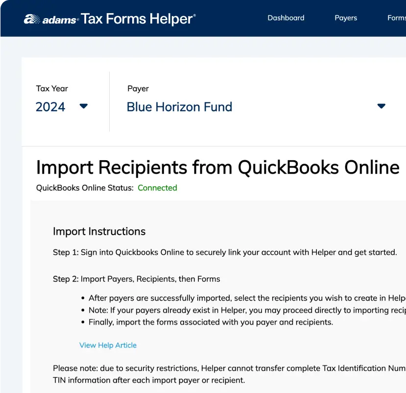 Screenshot of Adams Tax Forms Helper screen