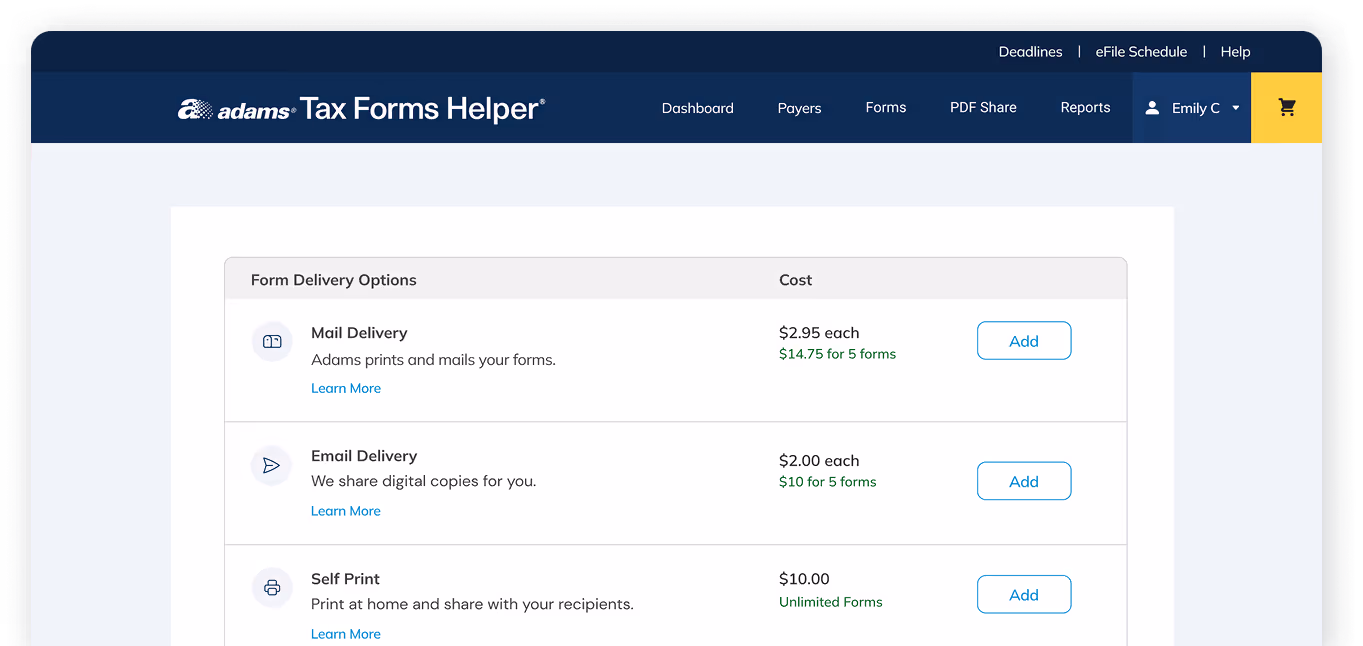 Adams Tax Forms screen