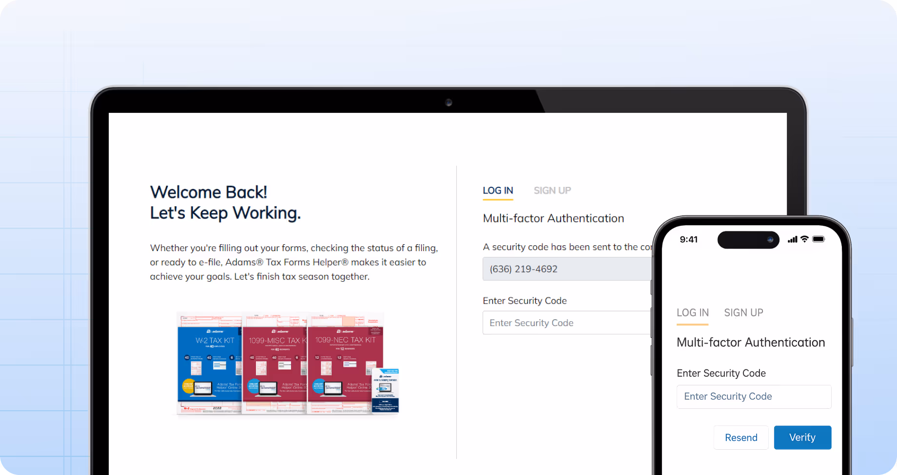 Login screen for multi-factor authentication on a laptop and smartphone, prompting user to enter a security code sent to phone number.