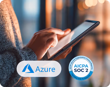 Person using a tablet with Microsoft Azure and AICPA SOC 2 certification logos overlaid.