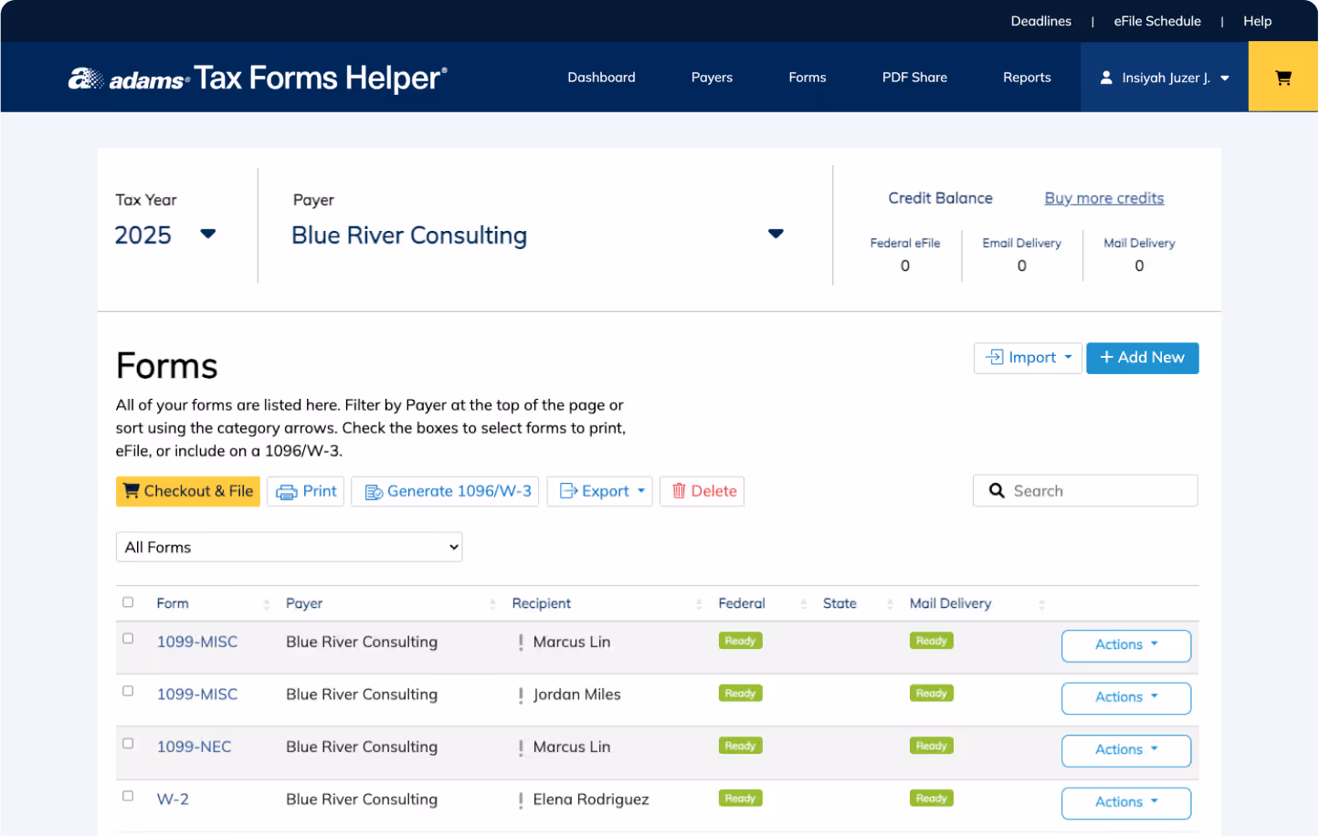 Adams Tax Forms Helper screen