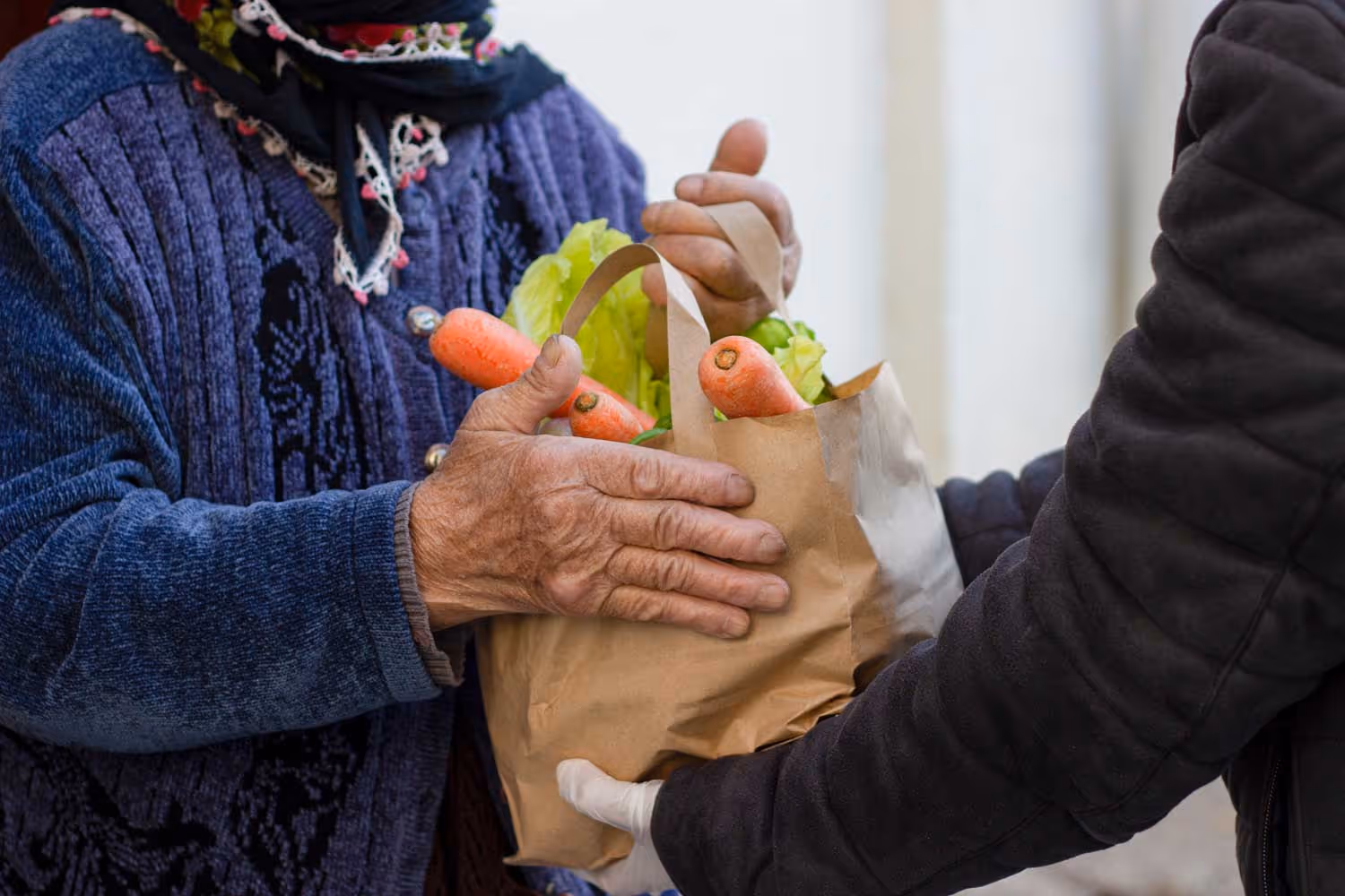 Volunteer handing a woman a paper bag filled with fresh vegetables