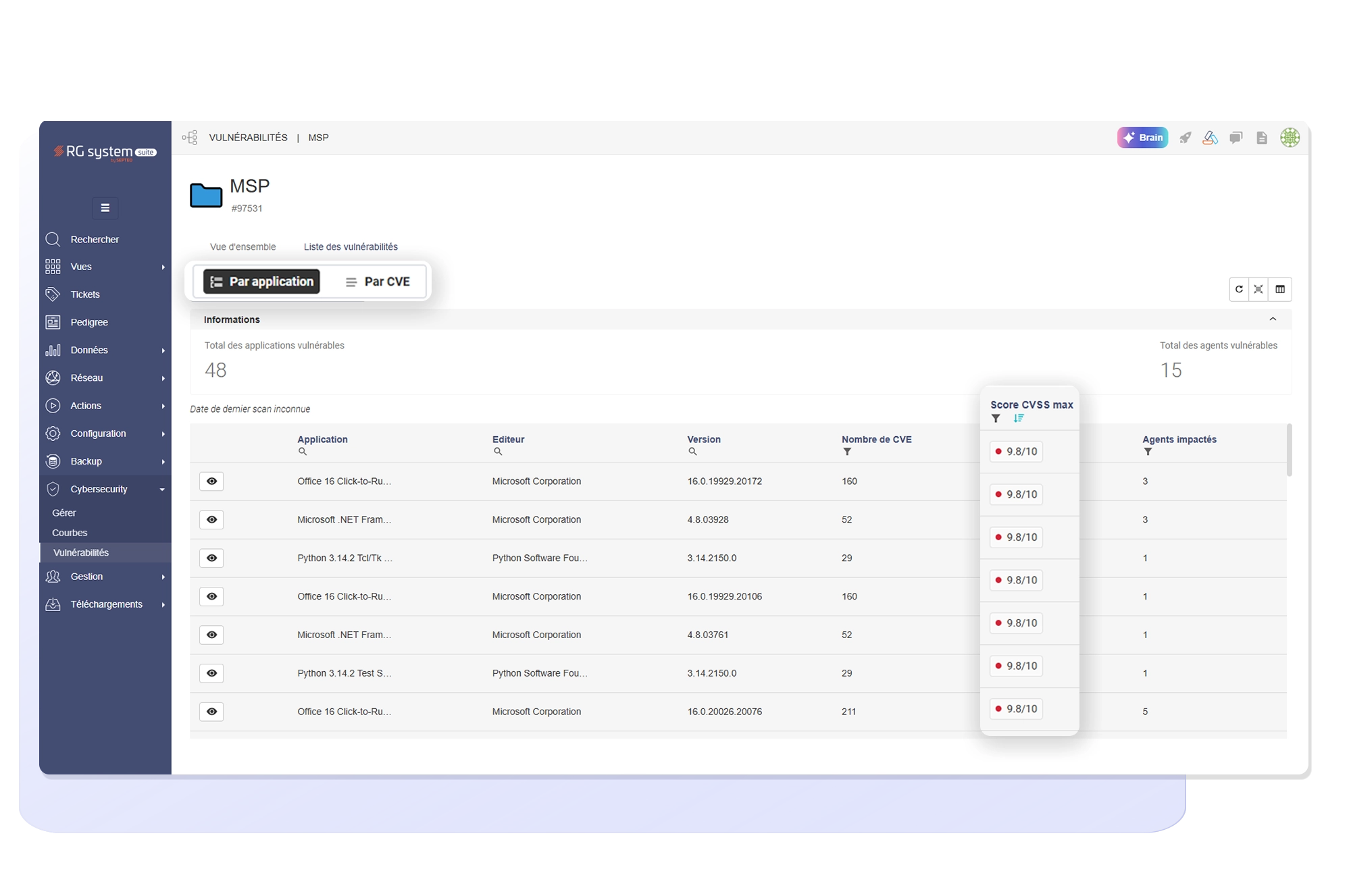 Vulnérabilités applicatives en cours RG System Suite dashboard RMM