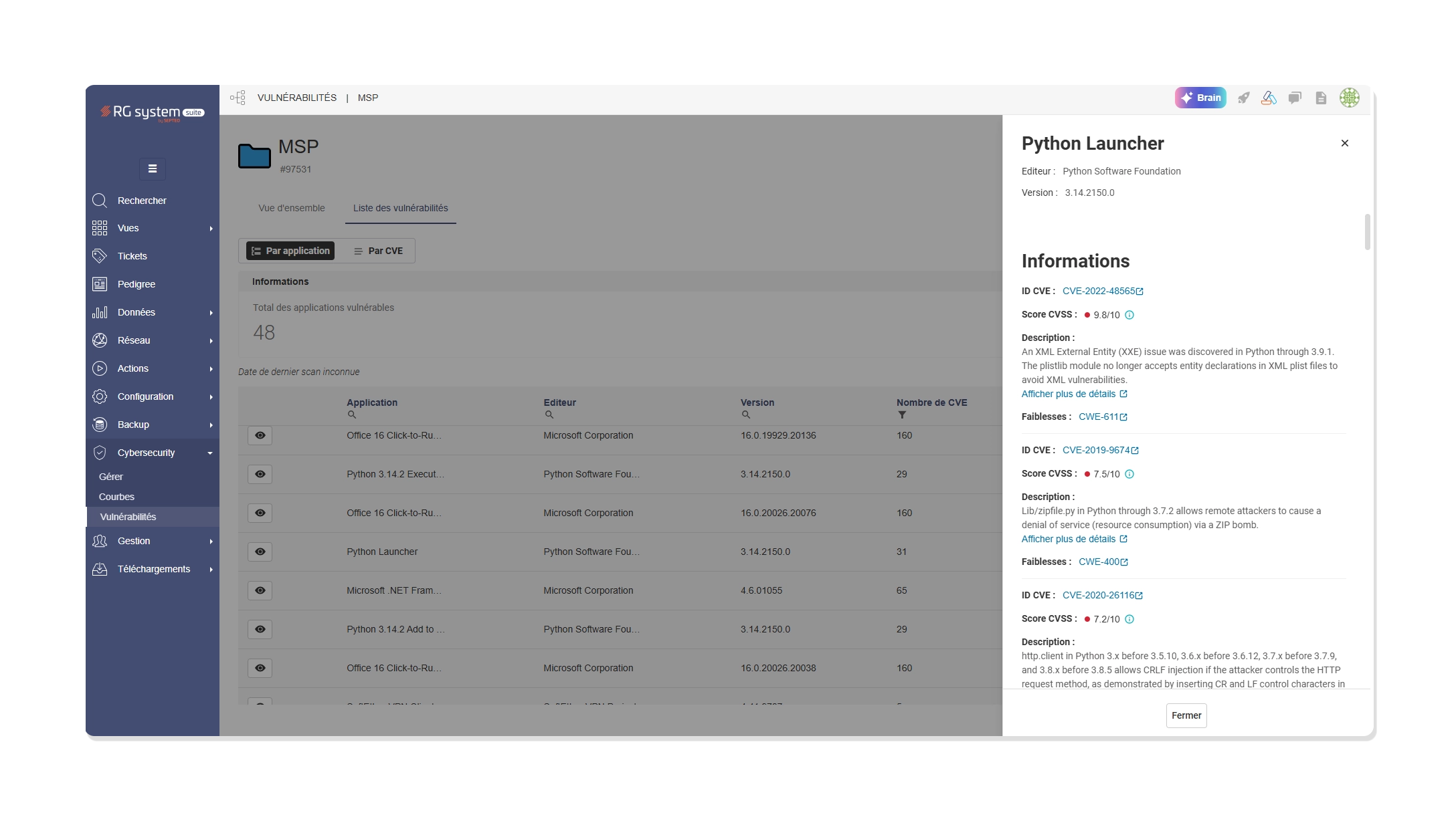 Dashboard RG System Suite détails vulnérabilités applicatives