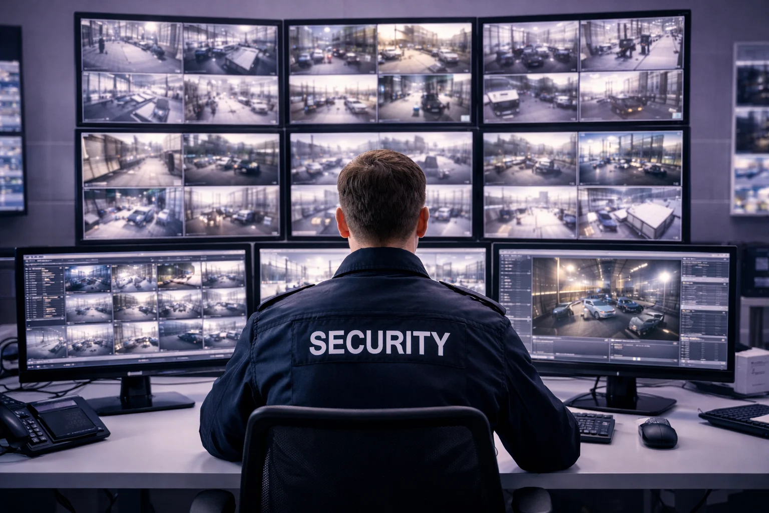 Sicherheitsleitstelle mit Mitarbeiter, der Überwachungskameras auf mehreren Monitoren beobachtet