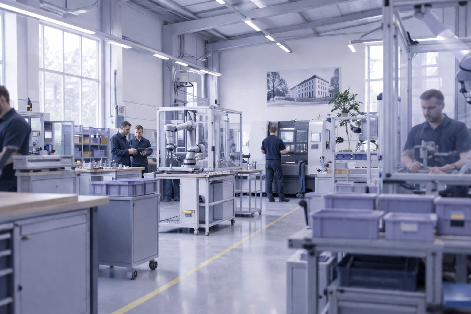 Helle Werkhalle mit Mitarbeitenden in blauer Arbeitskleidung die Maschinen bedienen und mit einem Industrieroboter arbeiten