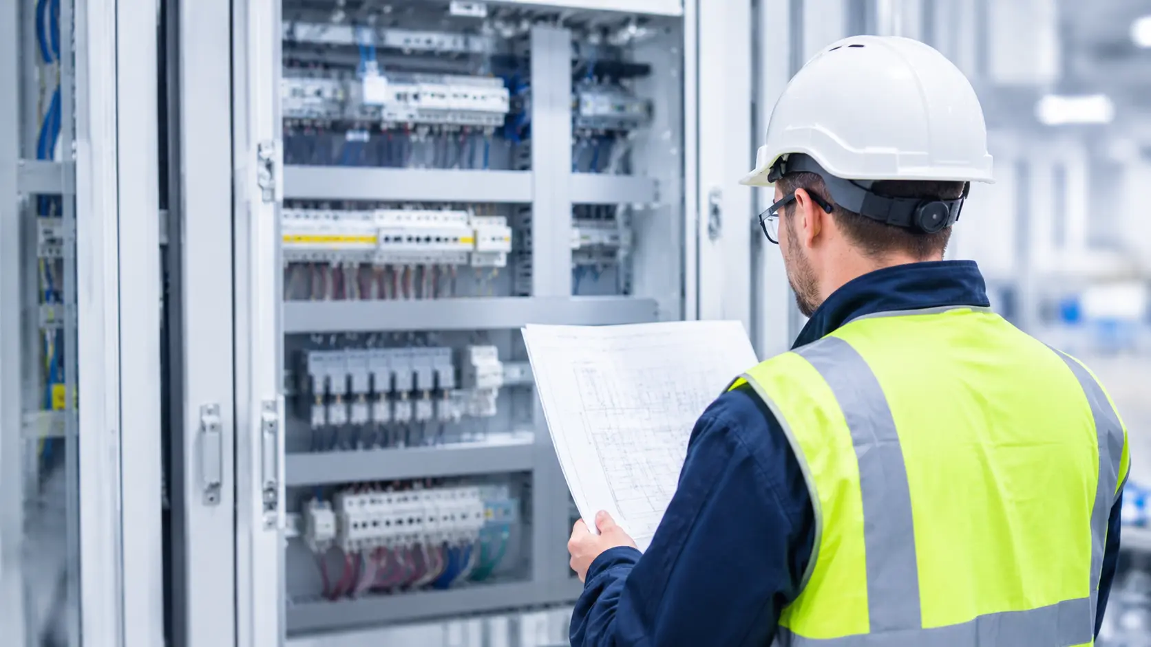 Electrical engineer reviewing technical plans in front of an open switchgear cabinet in a modern industrial workshop