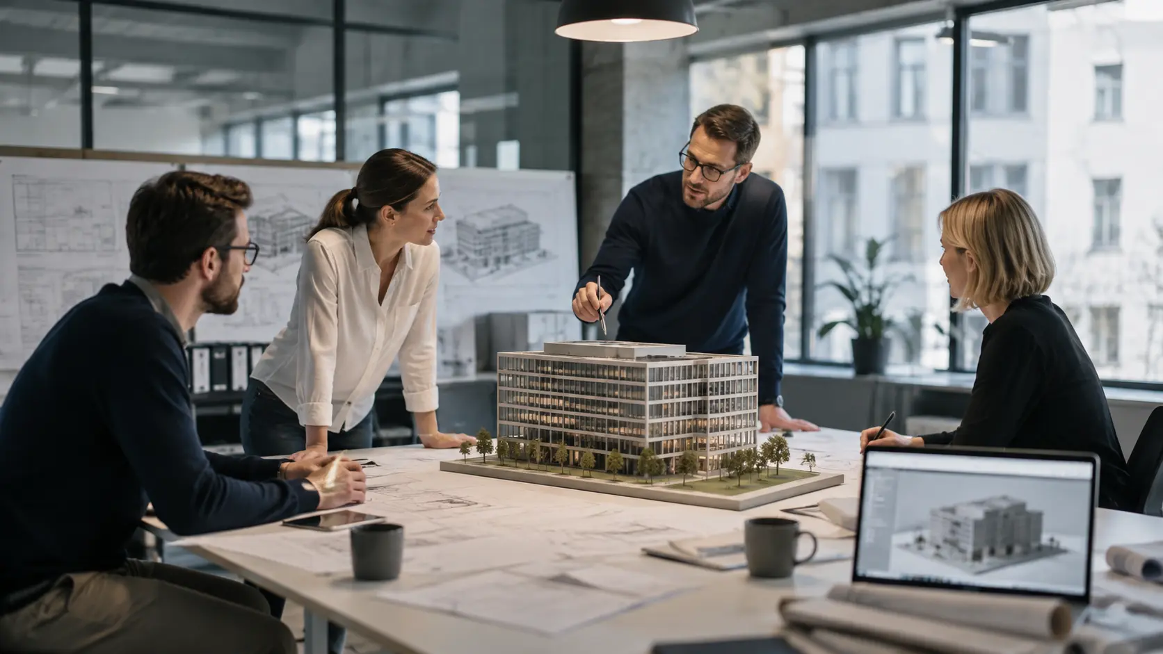 Architektenteam bespricht die Planung eines Bürogebäudes anhand eines Architekturmodells und von Bauplänen in einem modernen Büro.