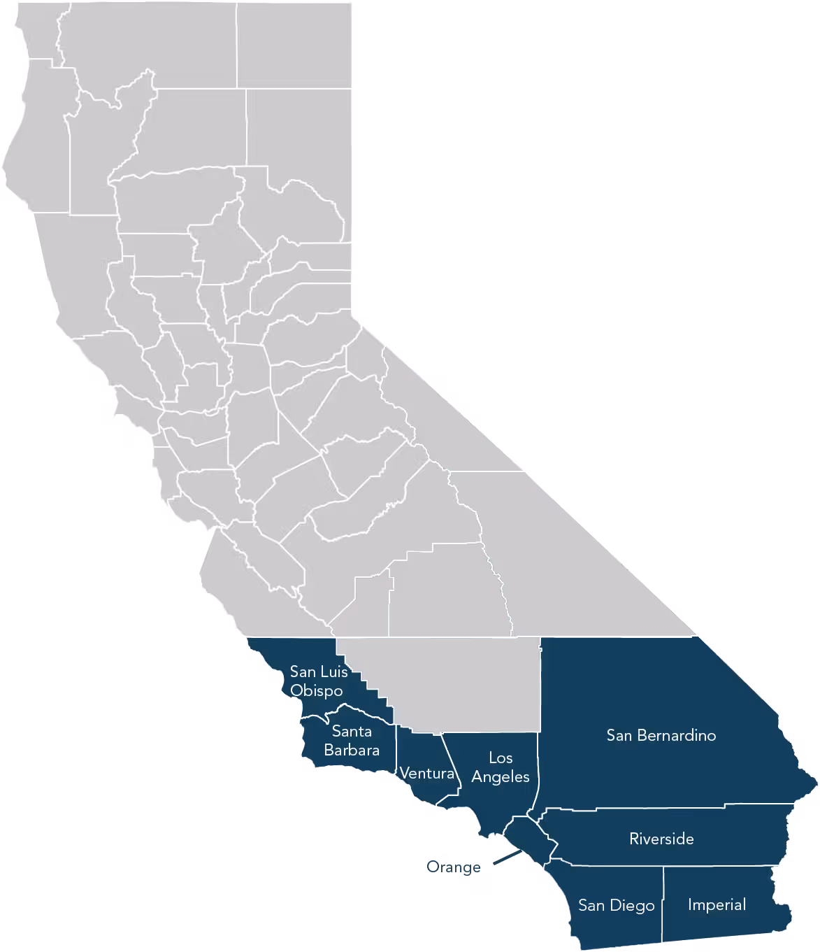 A map highlighting areas of Southern California, including Los Angeles, Riverside, San Bernardino, Orange Country, and many others in blue.