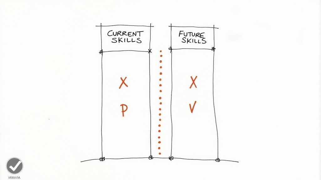 A diagram illustrating the process of skills gap analysis, showing the comparison between current employee skills and future business needs.