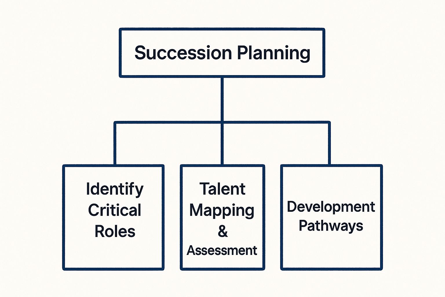 Infographic showing the hierarchical components of succession planning, starting with identifying critical roles, then talent mapping, and finally creating development pathways.