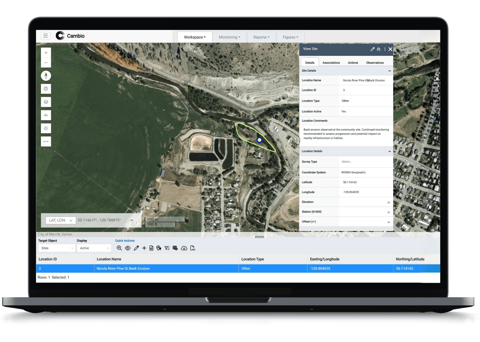 Laptop screen showing Cambio software with satellite map highlighting Nicola River Pine St Bank Erosion site and details panel with location information and comments.