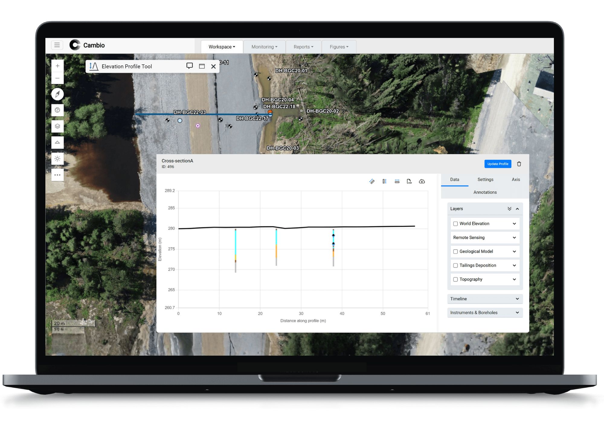 Laptop screen showing Cambio software with elevation profile tool overlaying an aerial map of a construction or mining site, displaying elevation data and borehole annotations.