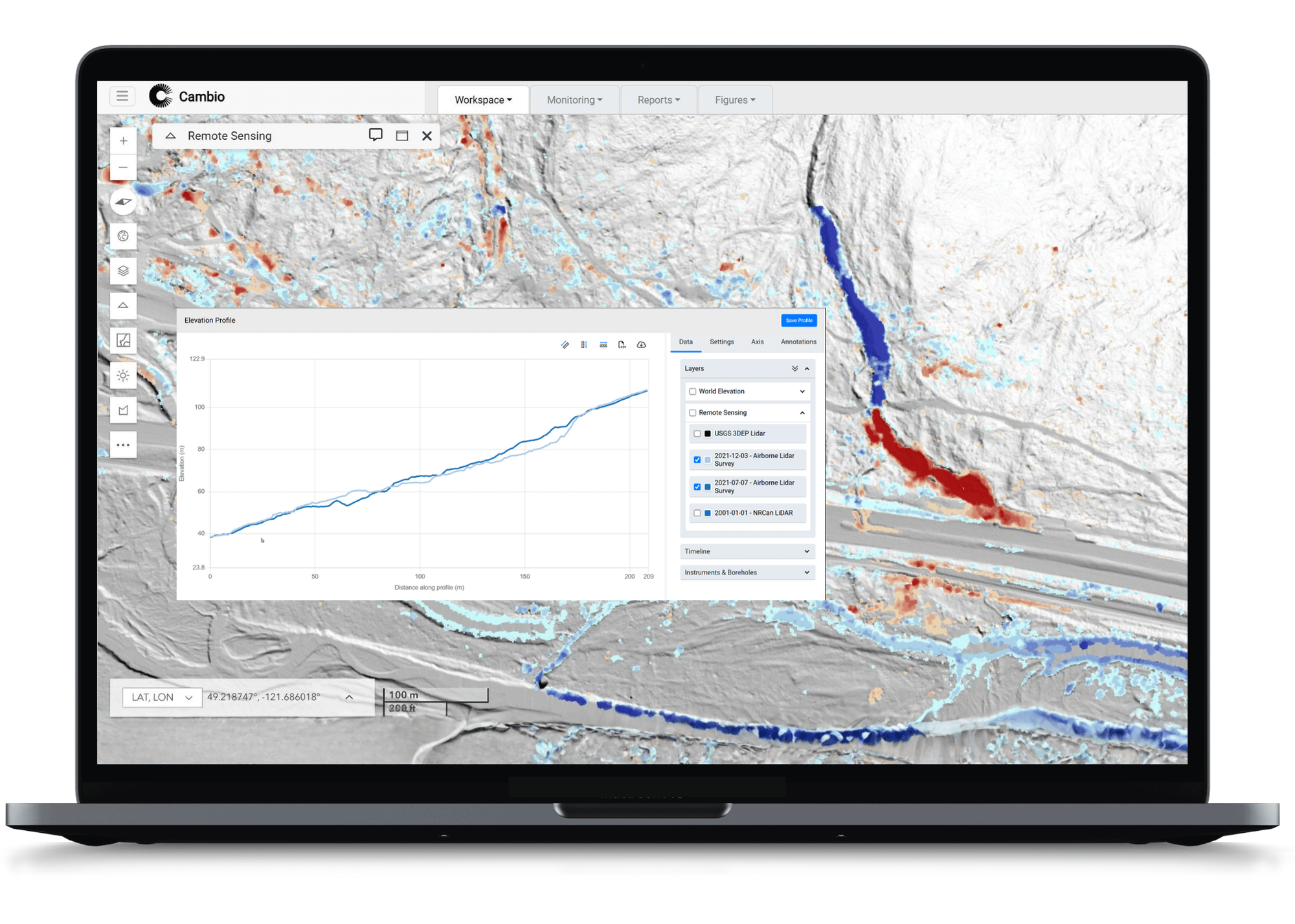 Laptop screen displaying a remote sensing map with elevation profile graph and selectable LiDAR survey layers.