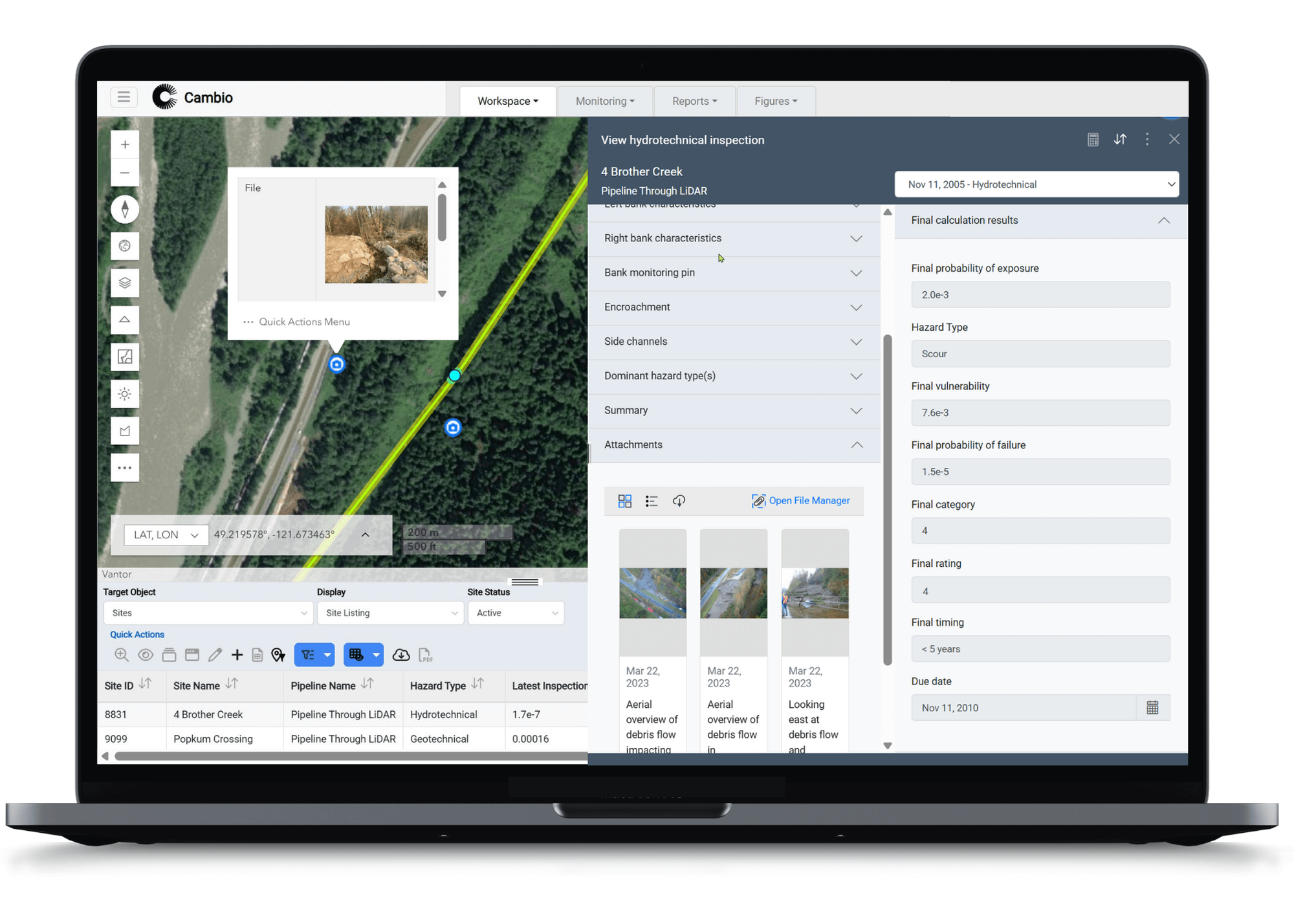 Laptop screen displaying hydrotechnical inspection details for 4 Brother Creek with map view, image attachments, and final calculation results on a monitoring software interface.
