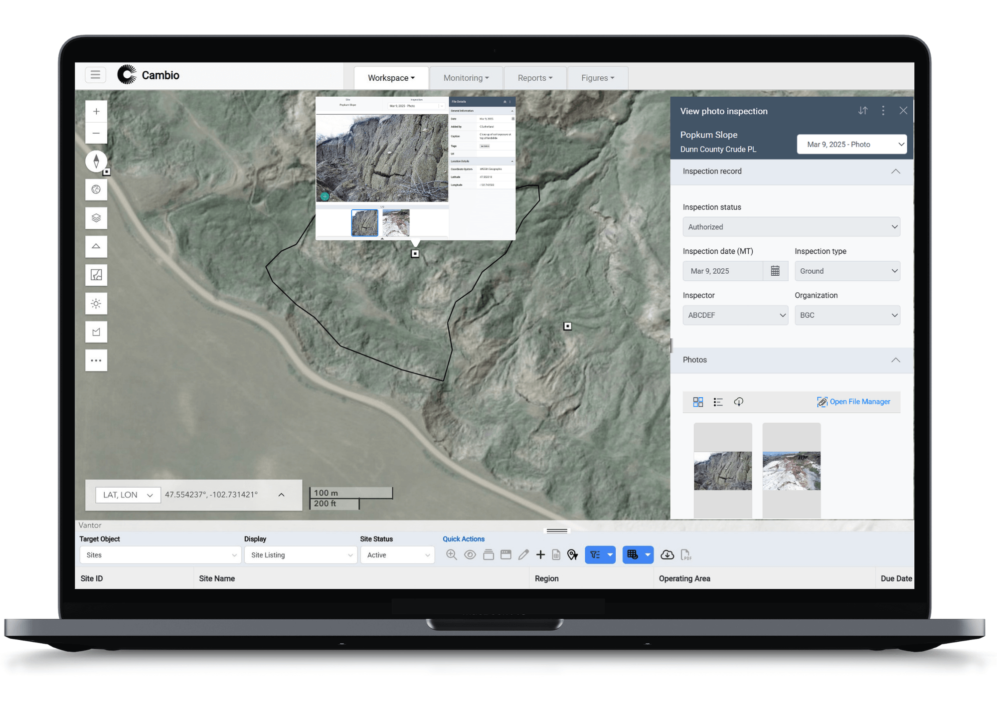 Laptop screen showing Cambio software with a satellite map, site boundary, and photo inspection details for Popkum Slope including inspection status, date, type, and photos.