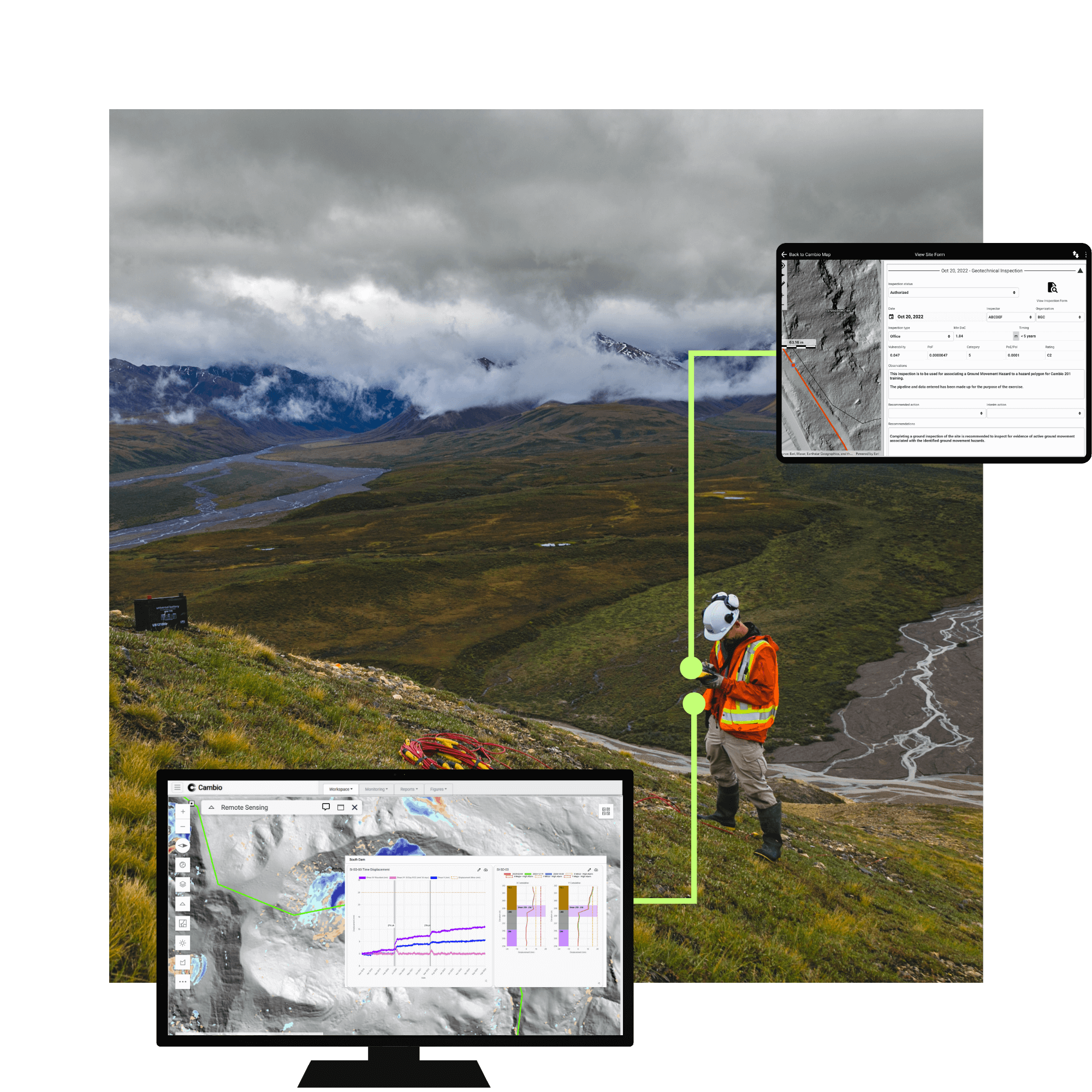 Field engineer wearing safety gear on a hillside with mountainous landscape, connected to remote sensing and geotechnical inspection data screens.