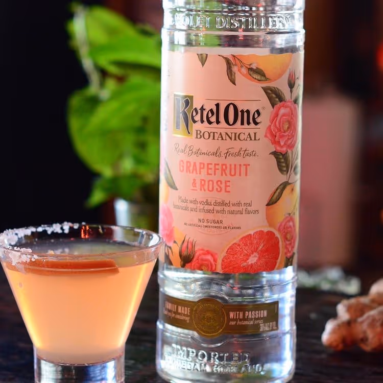 A bottle of Reilone next to a glass filled with a vibrant pink drink, set on a wooden table.
