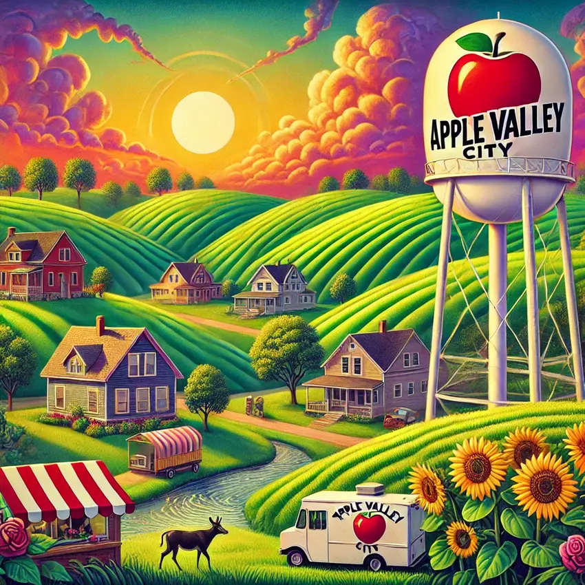 Colorful illustration representing Apple Valley, MN landmarks and local food scene.