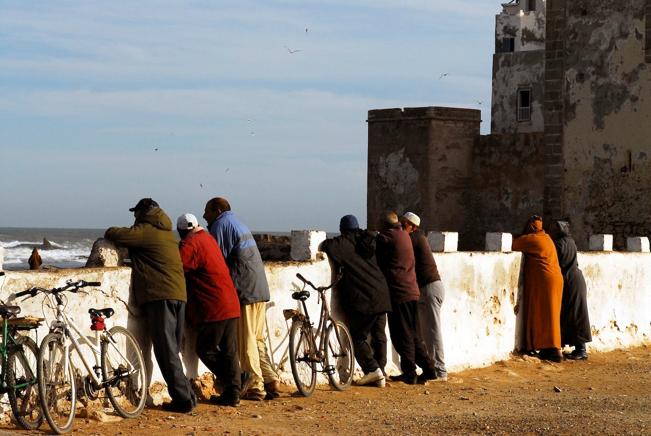 A group of people leaning on a white wall by the sea in Essaouira, with bicycles parked nearby and seagulls flying overhead during a day trip with Moroccan Guides Travel