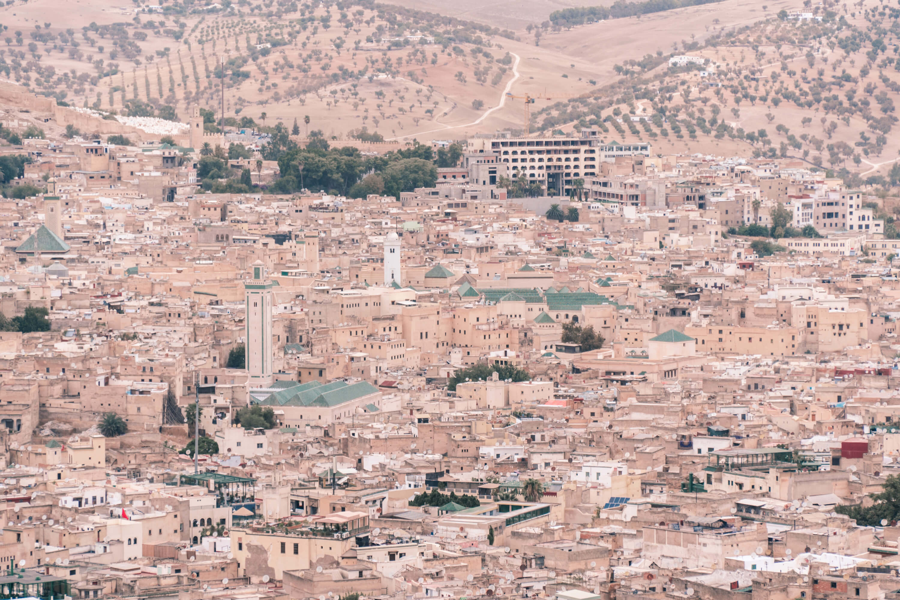 Panoramic view of the densely packed old medina of Fes, Morocco.