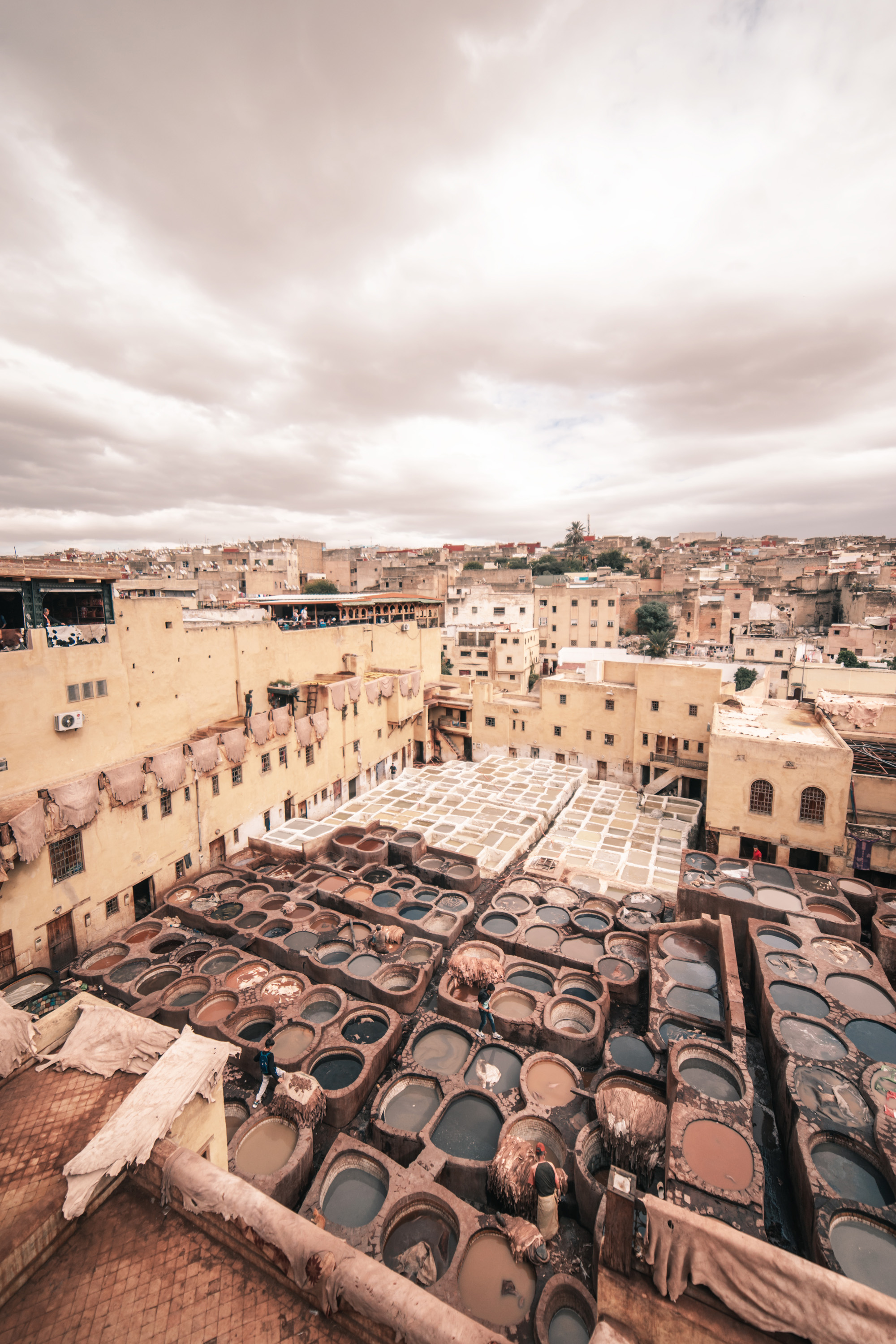 Aerial view of the large, circular dye pits at the Chouara Tannery in Fes.