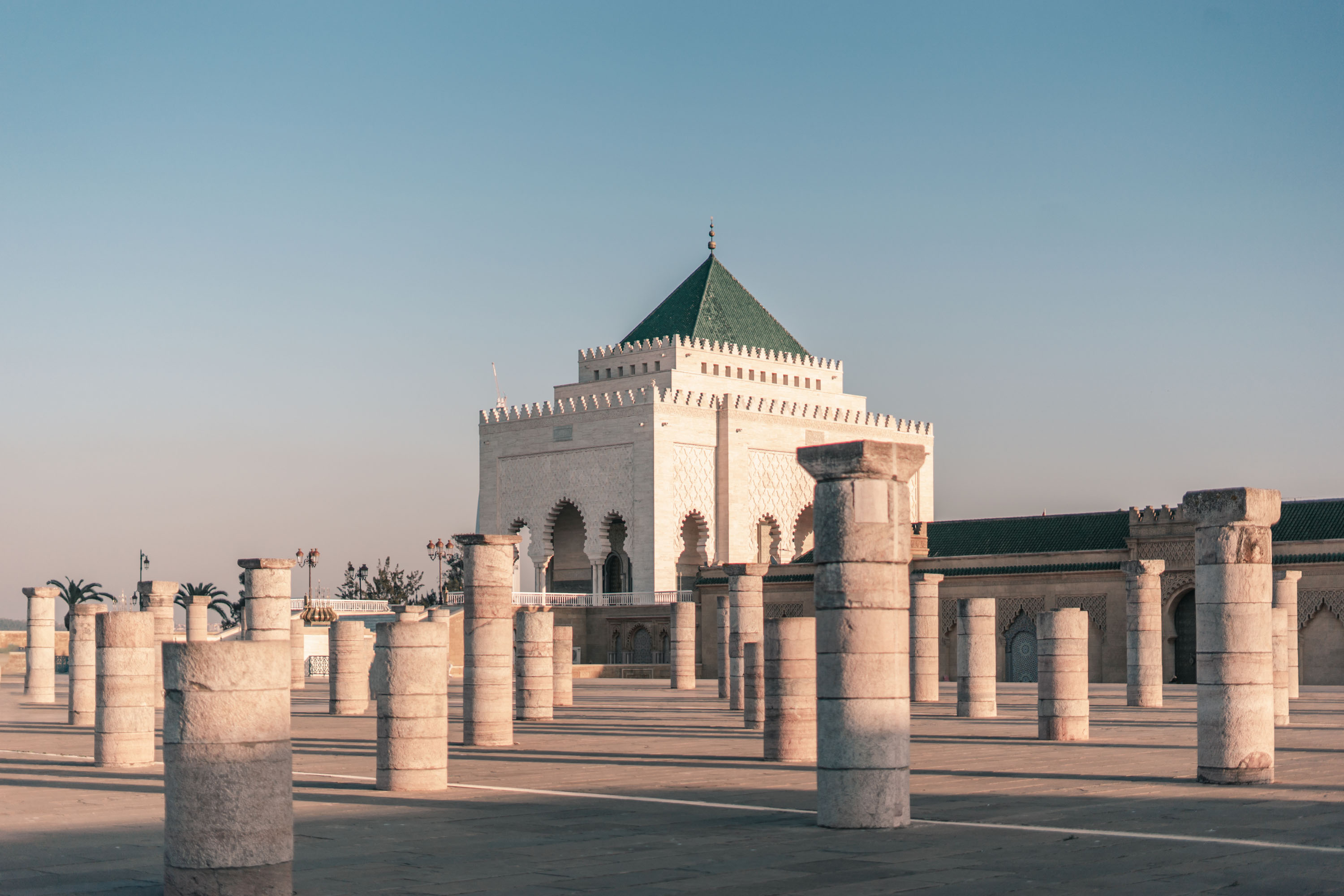 Mausoleum of Mohammed V with stone columns in Rabat, Morocco during a tour with Moroccan Guides Travel
