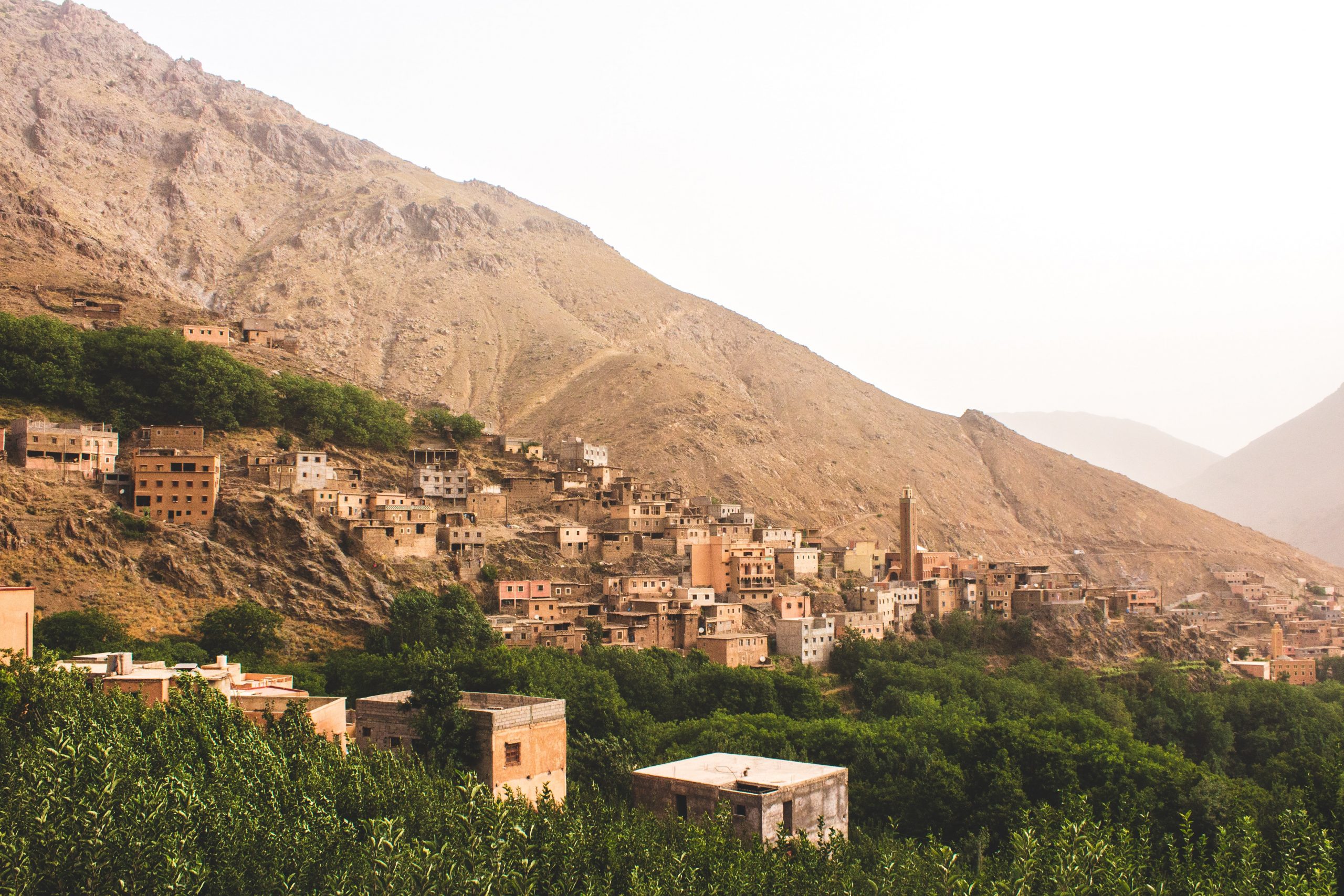 Mountain village with stone buildings nestled in Imlil Valley among green trees and rocky landscape during a tour with Moroccan Guides Travel