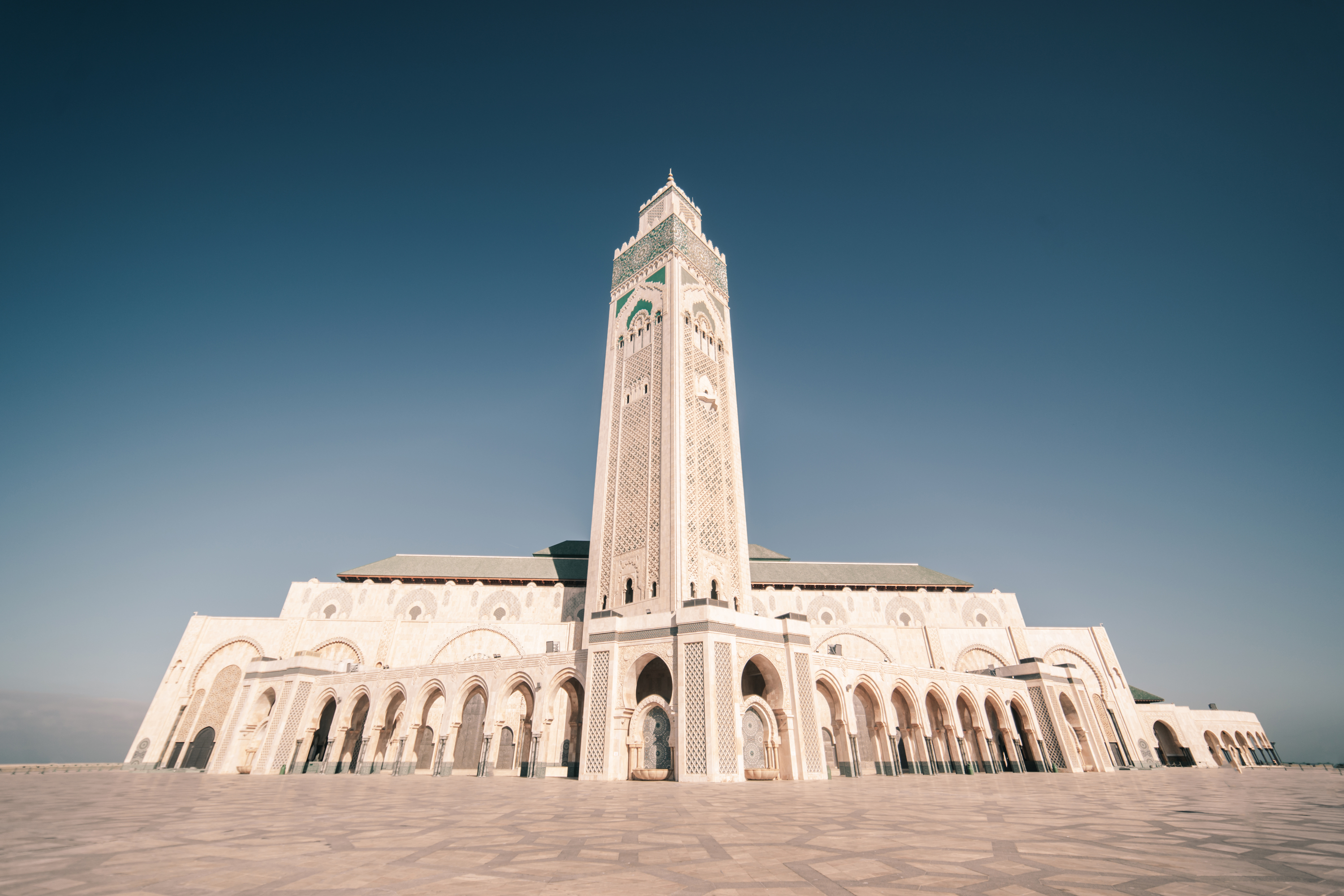 Hassan II Mosque in Casablanca, Morocco, with ornate white architecture
