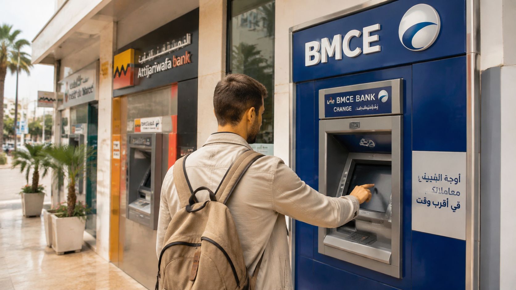 A man wearing a backpack using a BMCE bank ATM machine on a sidewalk in Morocco.