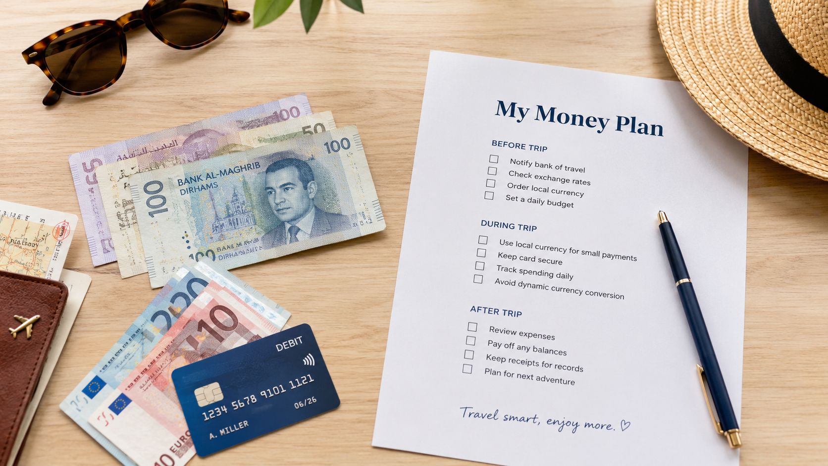 A travel planning flatlay featuring Moroccan dirhams, a debit card, a checklist, sunglasses, and a sun hat.