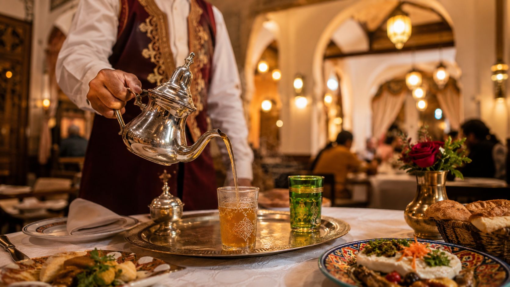 A traditional Moroccan waiter pouring tea into a glass from an ornate silver teapot at a restaurant.