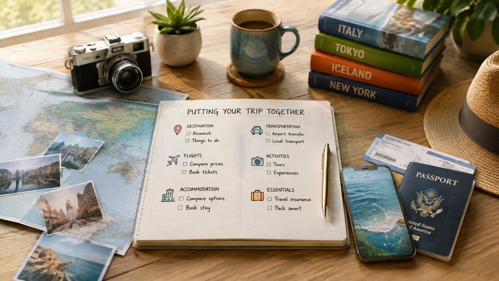 A travel planning flatlay featuring a notebook with trip details, a map, passport, and camera on a wooden desk.