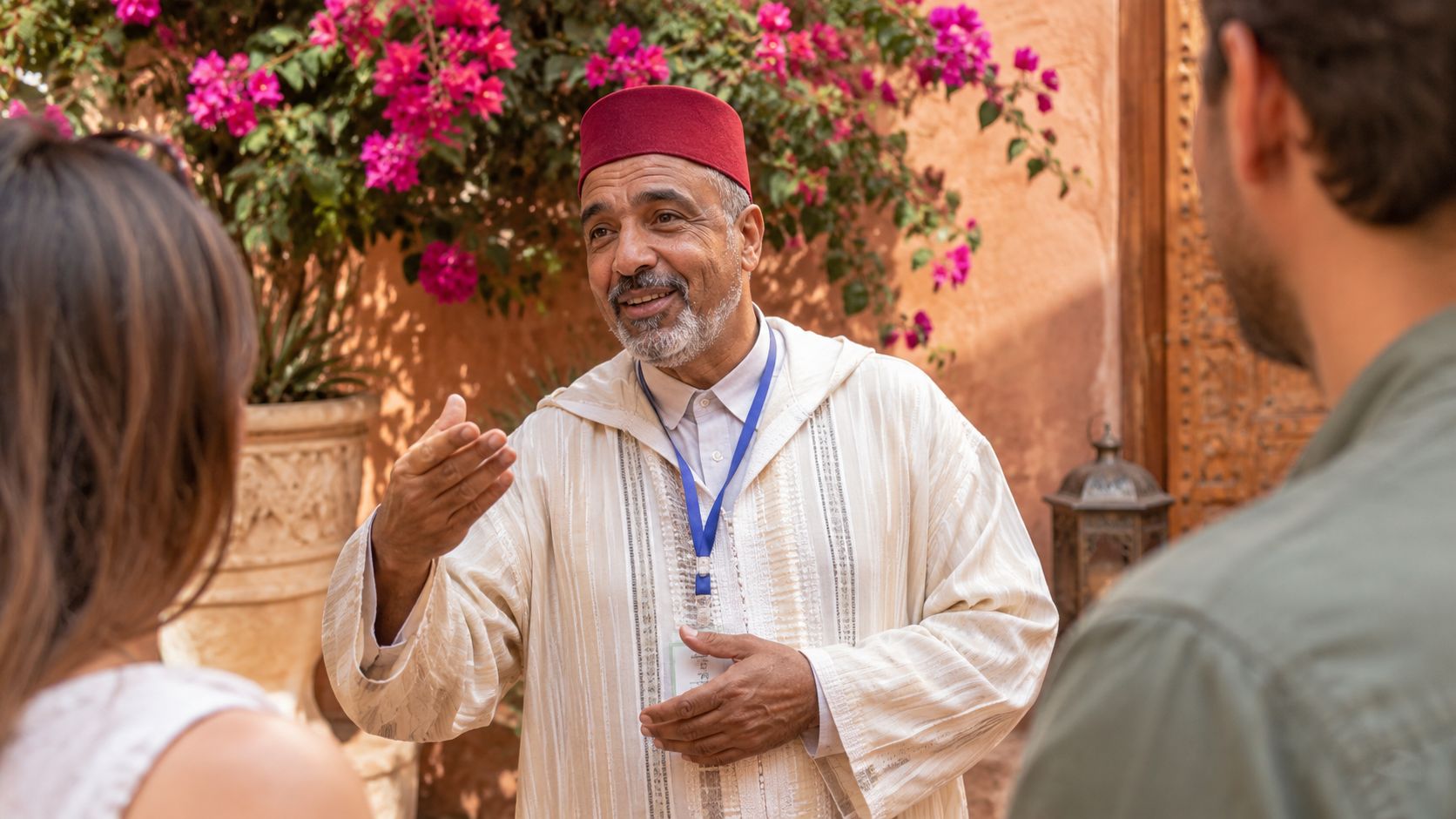 A friendly local Moroccan tour guide wearing a traditional djellaba and red fez hat speaking to tourists.