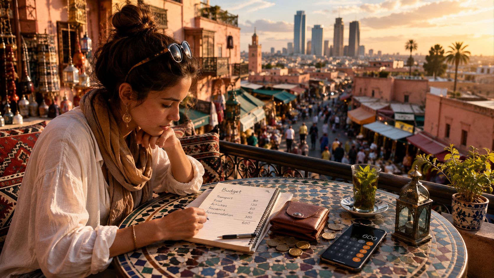 A young woman writing in a budget notebook on a balcony overlooking a bustling marketplace in Morocco.