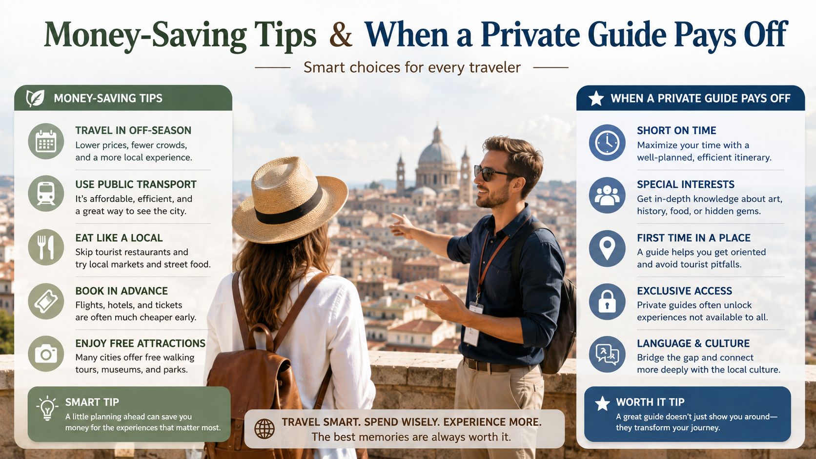 A travel infographic titled Money-Saving Tips and When a Private Guide Pays Off featuring a couple exploring.